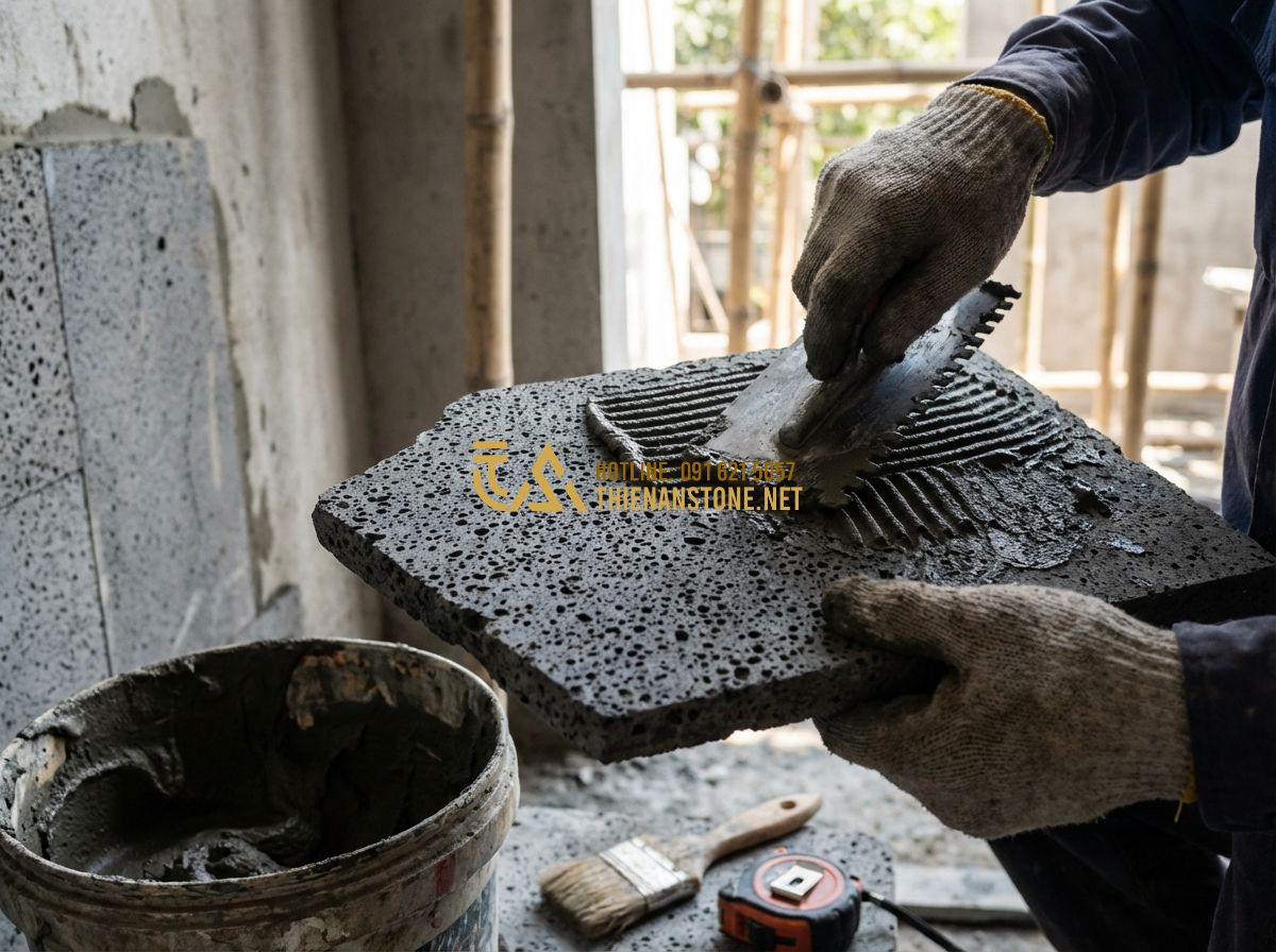 Top 100 Mẫu Đá Chẻ Ốp Tường & Lát Sân Đẹp Nhất 2026 – Texture Tự Nhiên Sang Trọng - Tạo ảnh tiếng Anh: Construction process showing a skilled craftsman applying pro