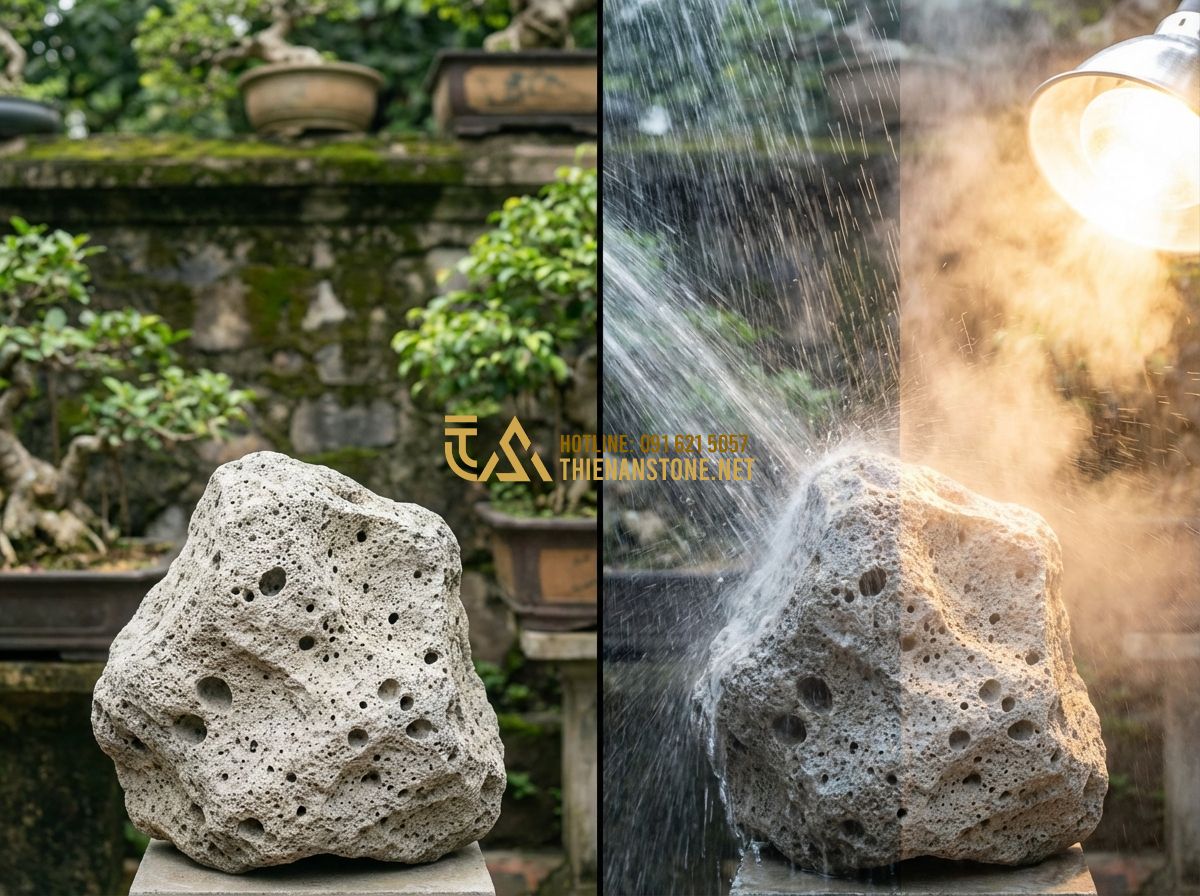 Top 100 Mẫu Đá Chẻ Ốp Tường & Lát Sân Đẹp Nhất 2026 – Texture Tự Nhiên Sang Trọng - Tạo ảnh tiếng Anh: A durability test concept showing split stone resisting harsh