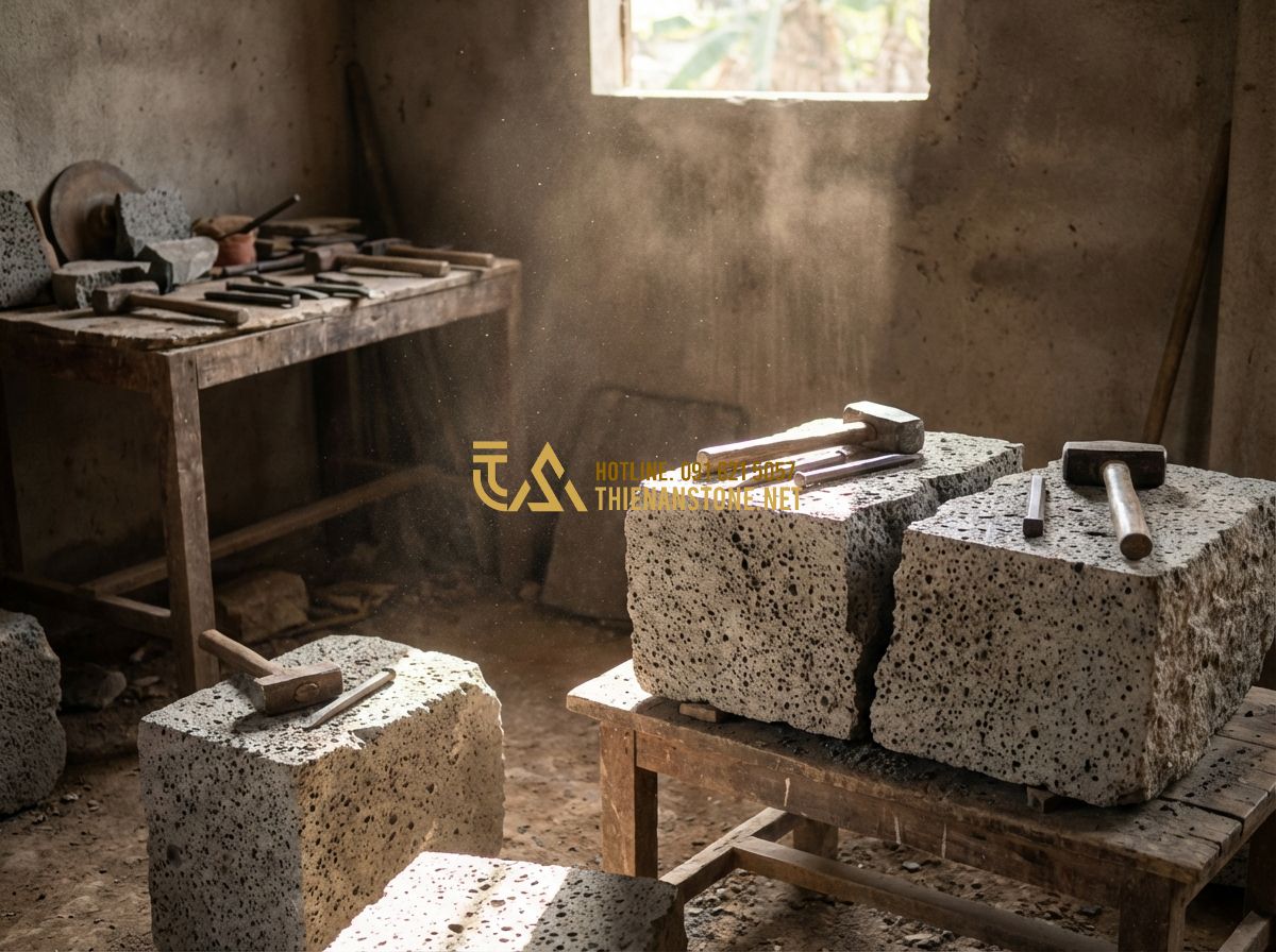 Top 100 Mẫu Đá Chẻ Ốp Tường & Lát Sân Đẹp Nhất 2026 – Texture Tự Nhiên Sang Trọng - Tạo ảnh tiếng Anh: Inside a traditional stone workshop, skilled artisans hand-sp