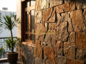 Top 100 Mẫu Đá Ghép Ốp Tường Đẹp Nhất 2026 Dùng Cho Nội Thất & Ngoại Thất - Tạo ảnh tiếng Anh: A high-end architectural close-up of a stone clad wall featur