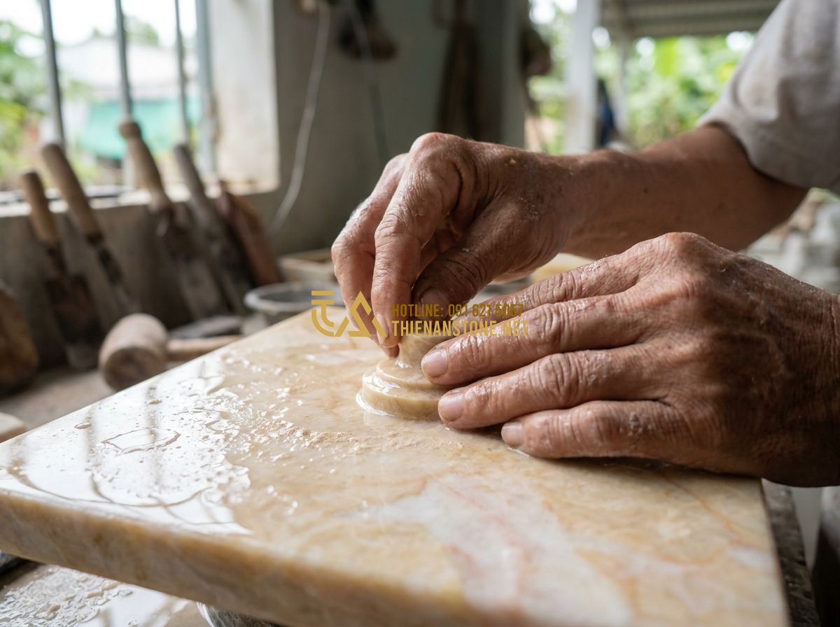 Top 100 Mẫu Đôn Đá Tự Nhiên Đẹp Nhất 2026 Dùng Kê Cây Cảnh Và Kê Tượng - A close-up of a craftsman's weathered hands carefully polishing a small detail o