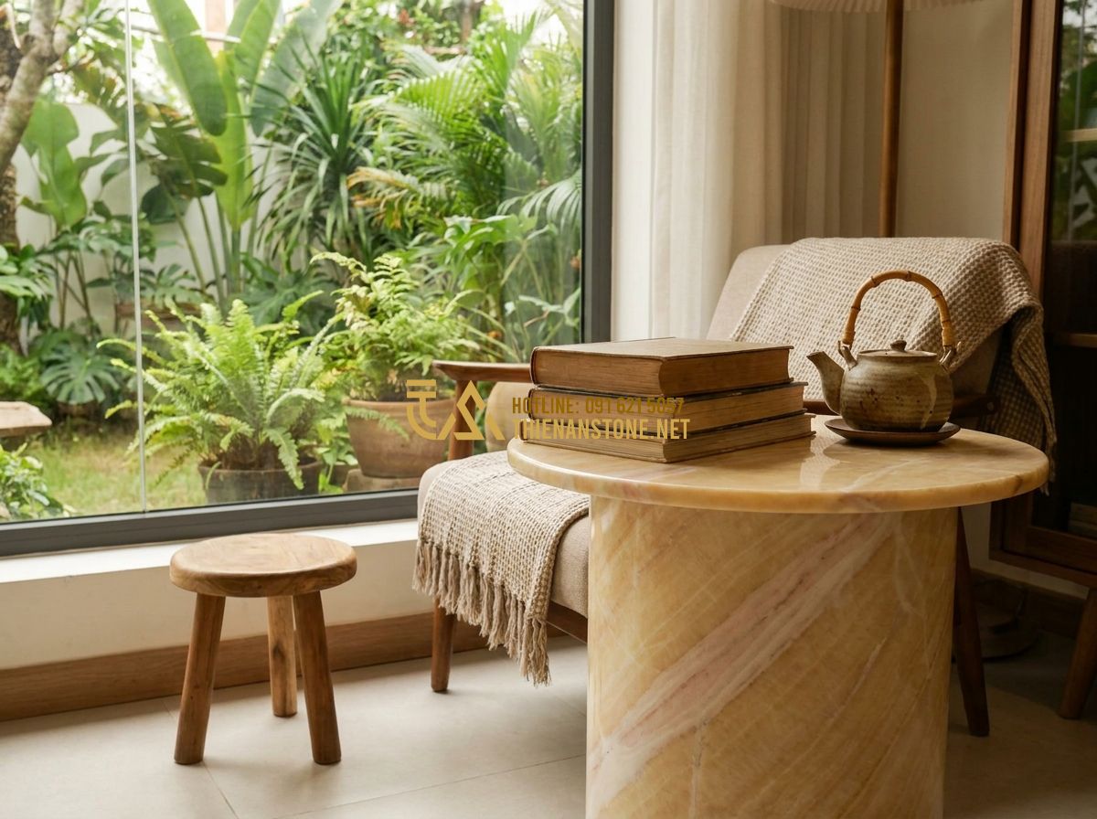 Top 100 Mẫu Đôn Đá Tự Nhiên Đẹp Nhất 2026 Dùng Kê Cây Cảnh Và Kê Tượng - A cozy, modern living room interior with a large window looking out to a garden,