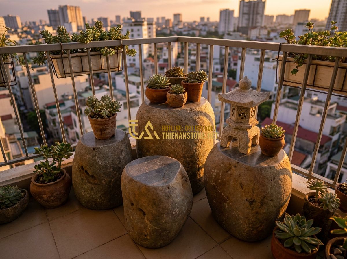 Top 100 Mẫu Đôn Đá Tự Nhiên Đẹp Nhất 2026 Dùng Kê Cây Cảnh Và Kê Tượng - Top view of a small apartment balcony beautifully decorated with smooth river st