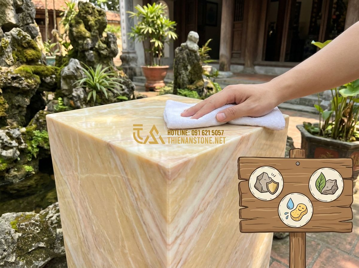 Top 100 Mẫu Đôn Đá Tự Nhiên Đẹp Nhất 2026 Dùng Kê Cây Cảnh Và Kê Tượng - An infographic style image showing a hand cleanings a stone pedestal with a soft