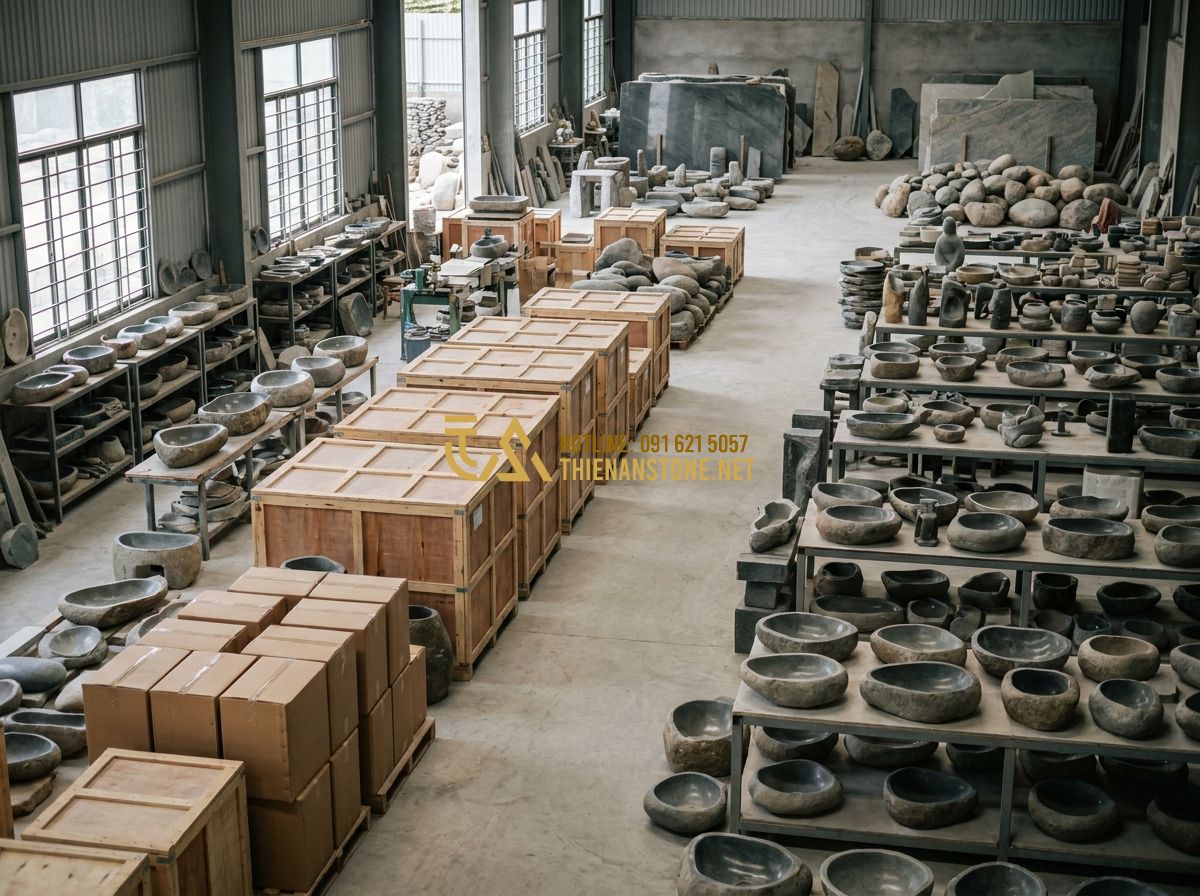 Top 100 Mẫu Đôn Đá Tự Nhiên Đẹp Nhất 2026 Dùng Kê Cây Cảnh Và Kê Tượng - A wide layout showing the interior of Thien An Stone workshop with finished prod