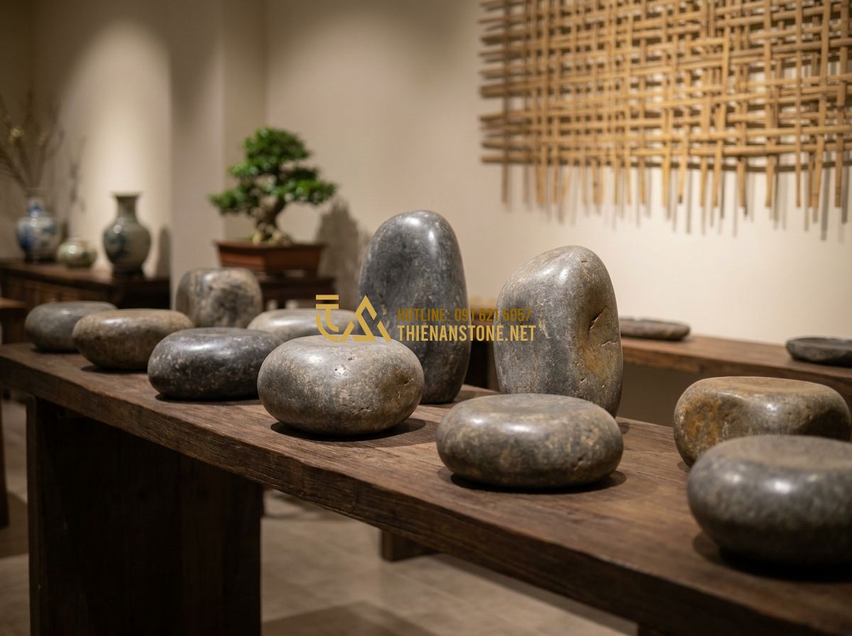 Top 100 Mẫu Đôn Đá Tự Nhiên Đẹp Nhất 2026 Dùng Kê Cây Cảnh Và Kê Tượng - A wide display shelf showcasing a variety of high-end natural stone pedestals in