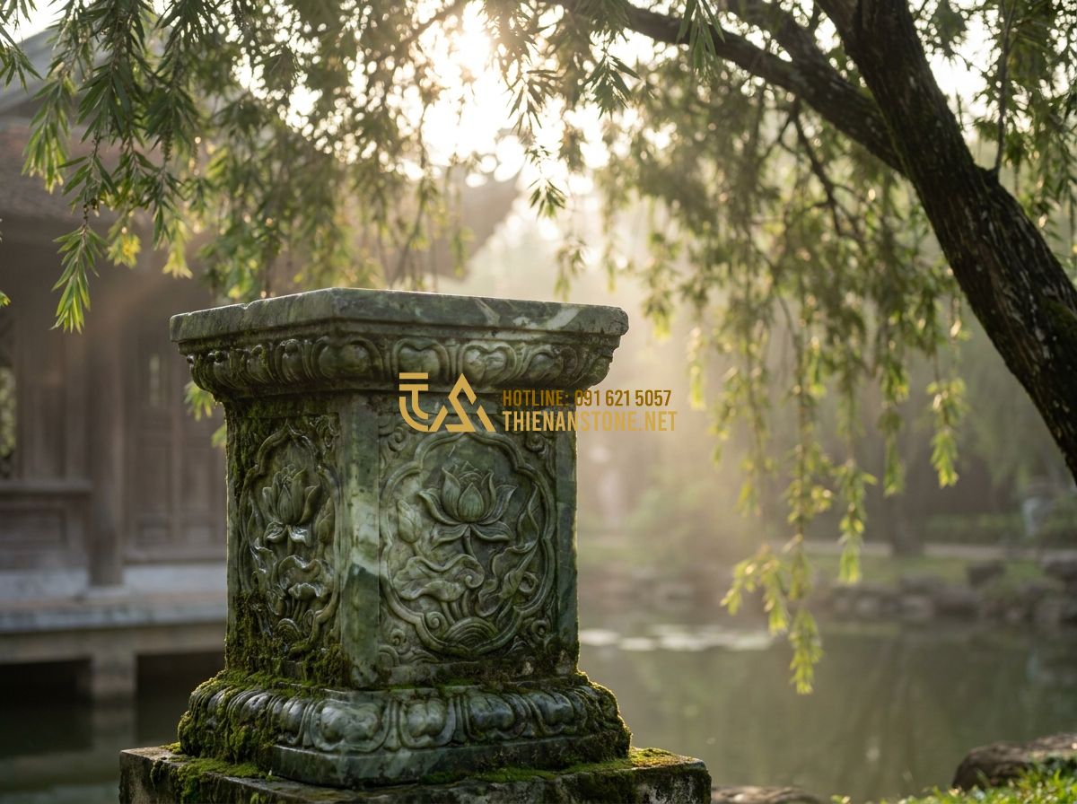 Top 100 Mẫu Đôn Đá Tự Nhiên Đẹp Nhất 2026 Dùng Kê Cây Cảnh Và Kê Tượng - An artistic shot of a green moss stone pedestal placed under a weeping willow tr