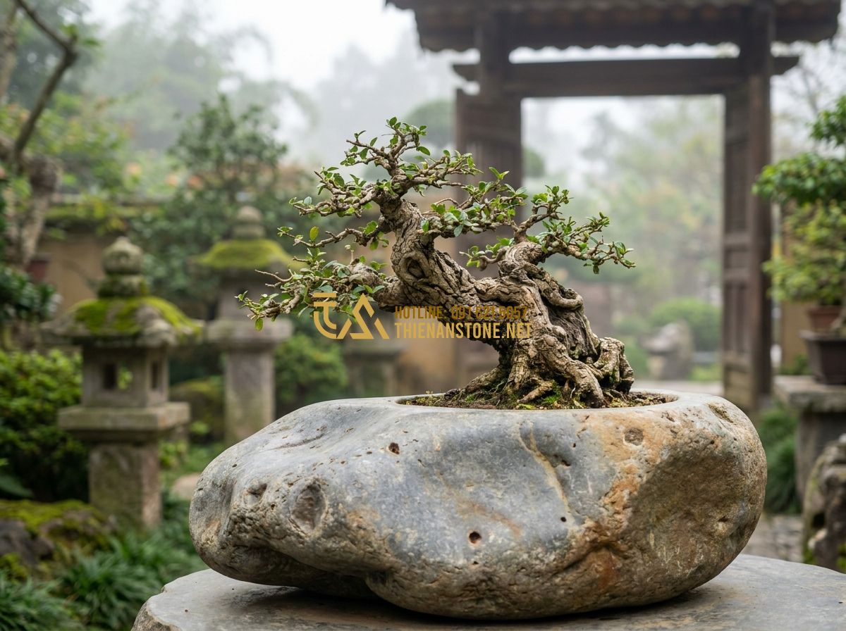 Top 100 Mẫu Đôn Đá Tự Nhiên Đẹp Nhất 2026 Dùng Kê Cây Cảnh Và Kê Tượng - A masterpiece bonsai tree on an ancient natural stone pedestal, positioned in a