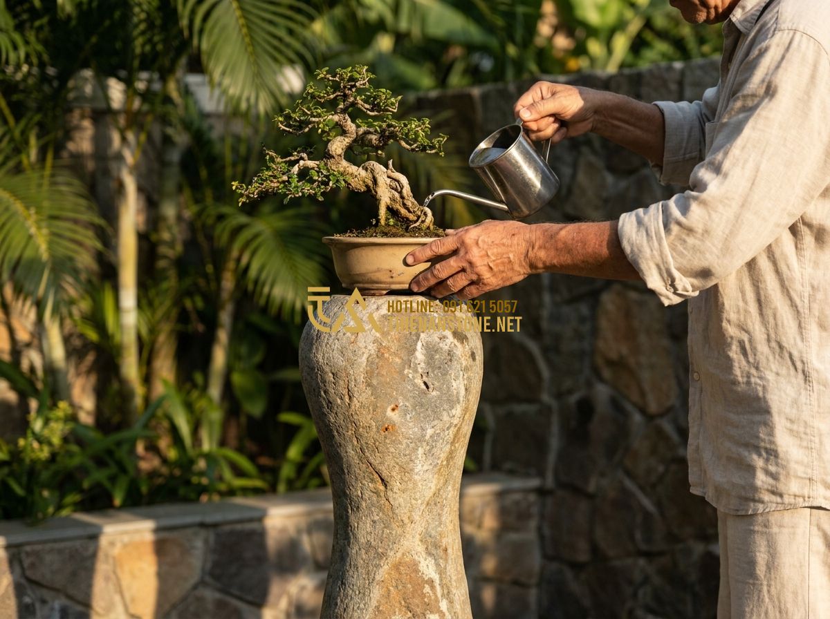 Top 100 Mẫu Đôn Đá Tự Nhiên Đẹp Nhất 2026 Dùng Kê Cây Cảnh Và Kê Tượng - A lifestyle image of a person carefully watering a bonsai tree placed on a tall,