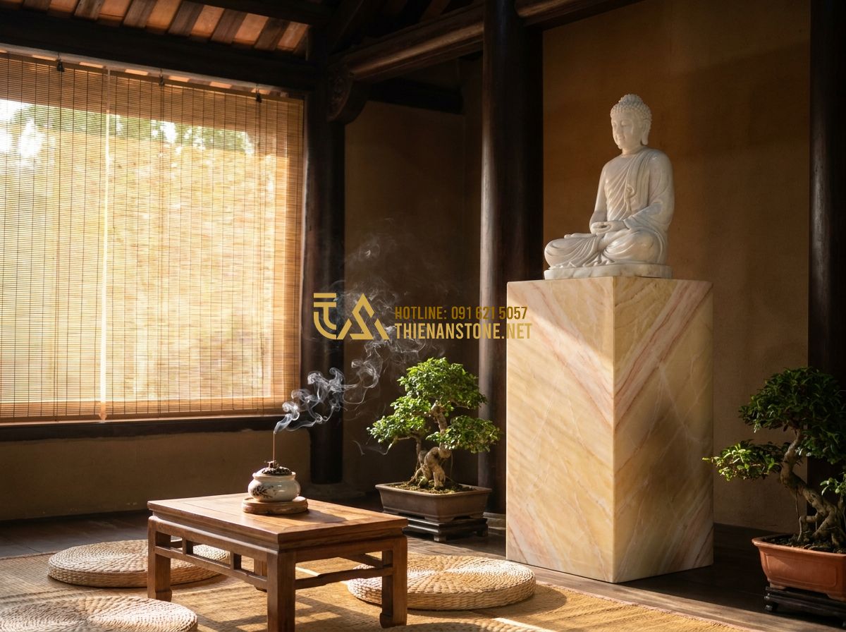 Top 100 Mẫu Đôn Đá Tự Nhiên Đẹp Nhất 2026 Dùng Kê Cây Cảnh Và Kê Tượng - Internals of a serene meditation room with a white marble statue of Buddha resti