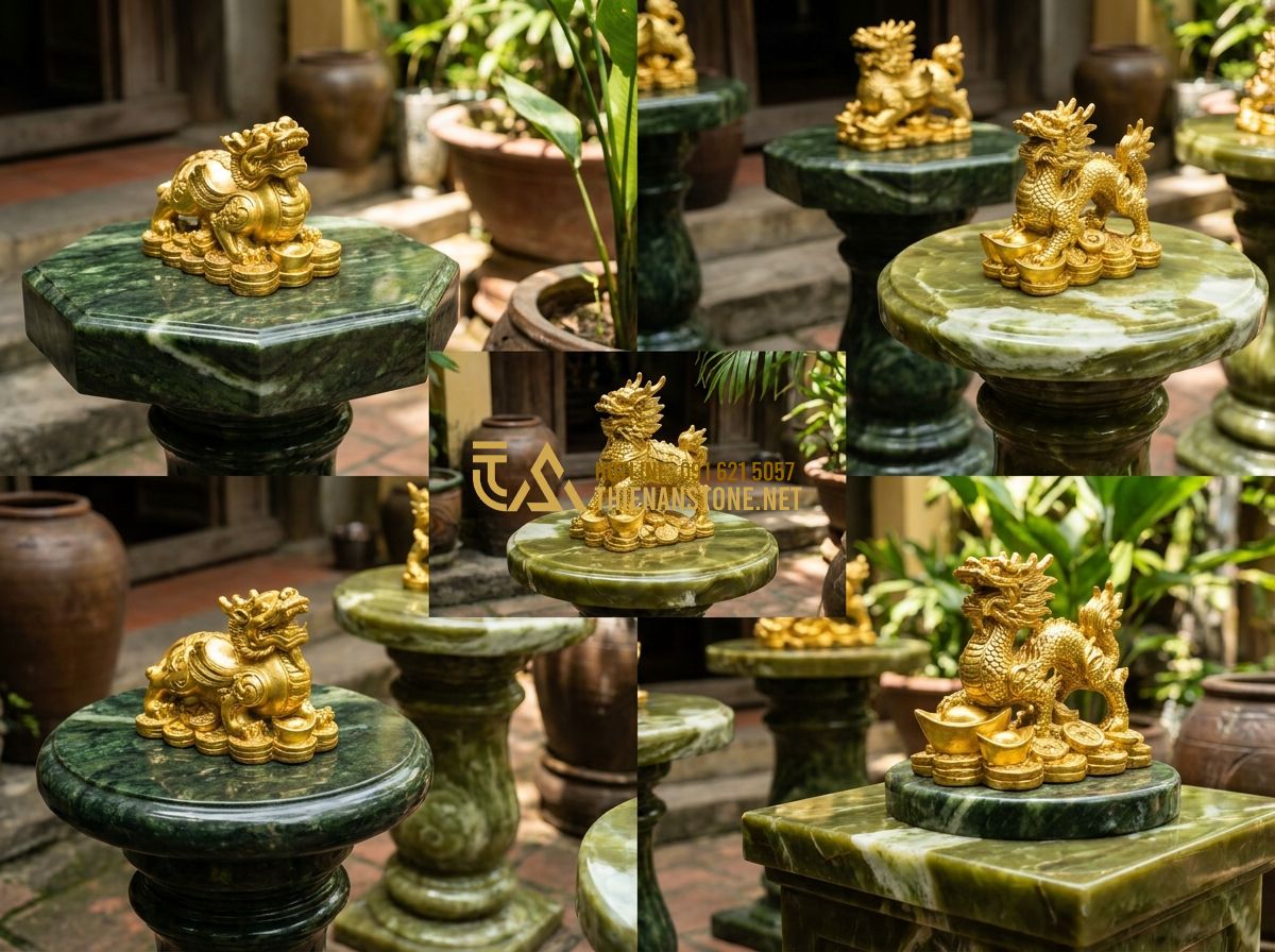 Top 100 Mẫu Đôn Đá Tự Nhiên Đẹp Nhất 2026 Dùng Kê Cây Cảnh Và Kê Tượng - A collage of different feng shui stone pedestals with symbolic shapes like octag