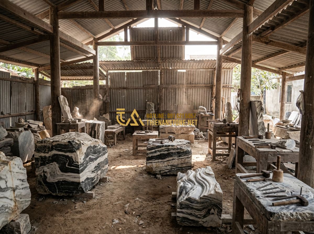 Top 100 Mẫu Đôn Đá Tự Nhiên Đẹp Nhất 2026 Dùng Kê Cây Cảnh Và Kê Tượng - Professional wide shot of a traditional stone carving workshop in Phu Tho, craft