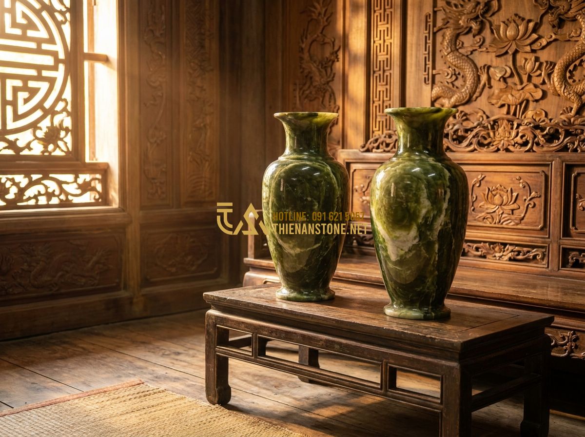 Top 100 Mẫu Lục Bình Đá Đẹp Nhất 2026 Dùng Làm Lan Can & Trang Trí Phong Thủy - Tạo ảnh tiếng Anh: A pair of majestic natural stone vases placed in a traditiona