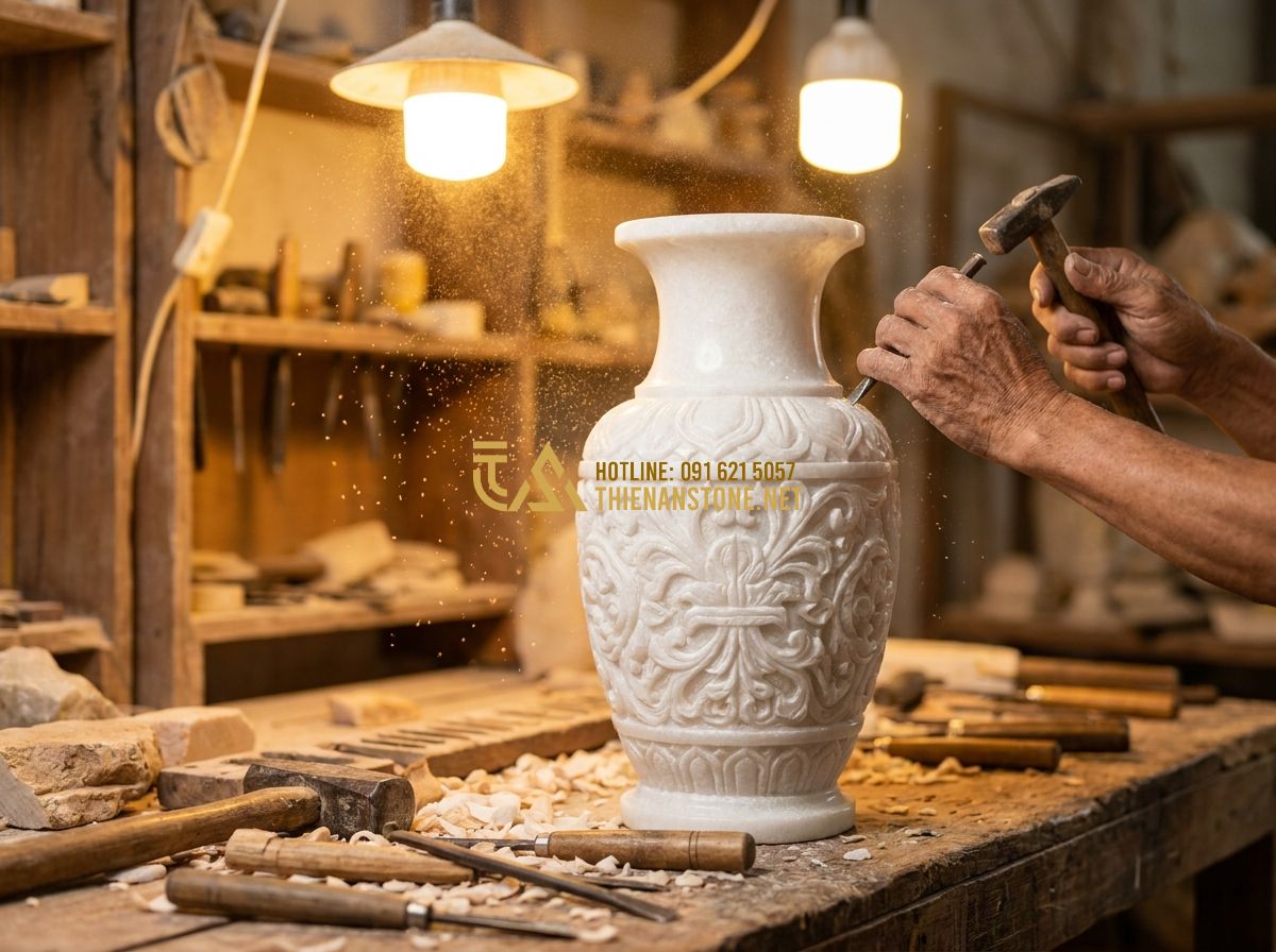 Top 100 Mẫu Lục Bình Đá Đẹp Nhất 2026 Dùng Làm Lan Can & Trang Trí Phong Thủy - Tạo ảnh tiếng Anh: A magnificent yellow travertine stone vase being carved by a