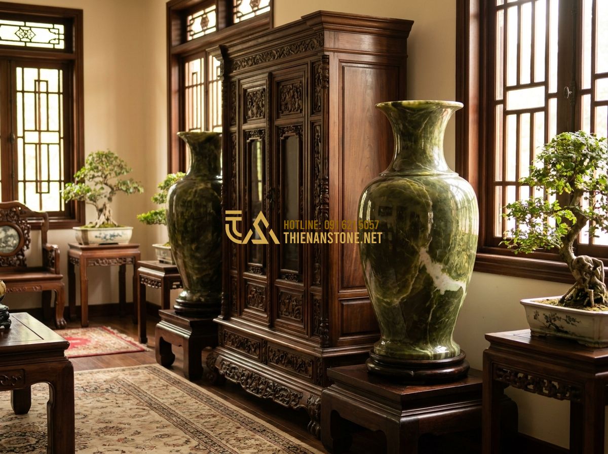 Top 100 Mẫu Lục Bình Đá Đẹp Nhất 2026 Dùng Làm Lan Can & Trang Trí Phong Thủy - Tạo ảnh tiếng Anh: Interior of a wealthy Vietnamese living room, a pair of large