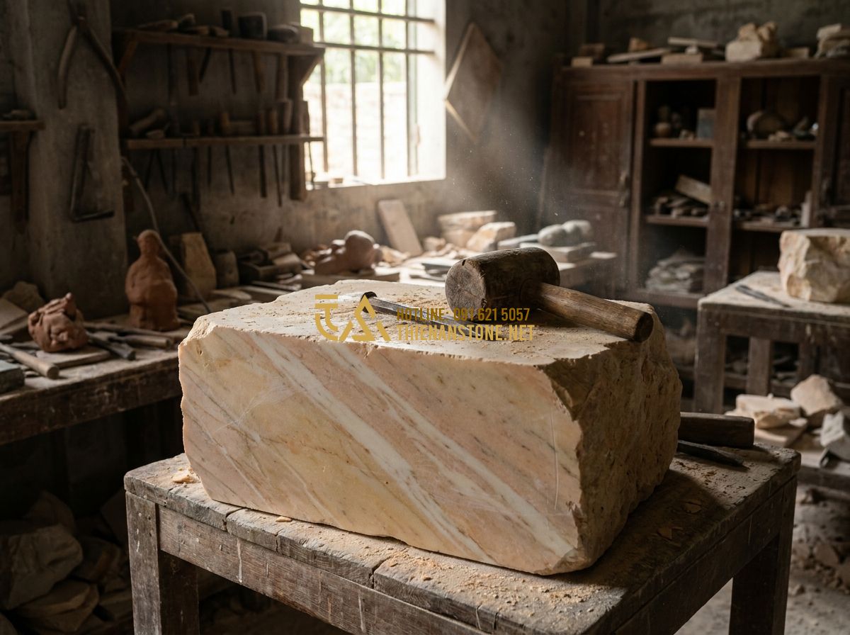 Top 100 Mẫu Lục Bình Đá Đẹp Nhất 2026 Dùng Làm Lan Can & Trang Trí Phong Thủy - Tạo ảnh tiếng Anh: Skilled elderly stone artisan in a dusty workshop using a chi