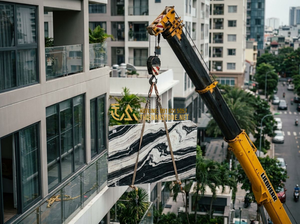 Top 100 Mẫu Sập Đá Đẹp Nguyên Khối & Phản Đá Tự Nhiên Sang Trọng 2026 - Tạo ảnh tiếng Anh: A high-end logistics team using a heavy-duty crane to careful