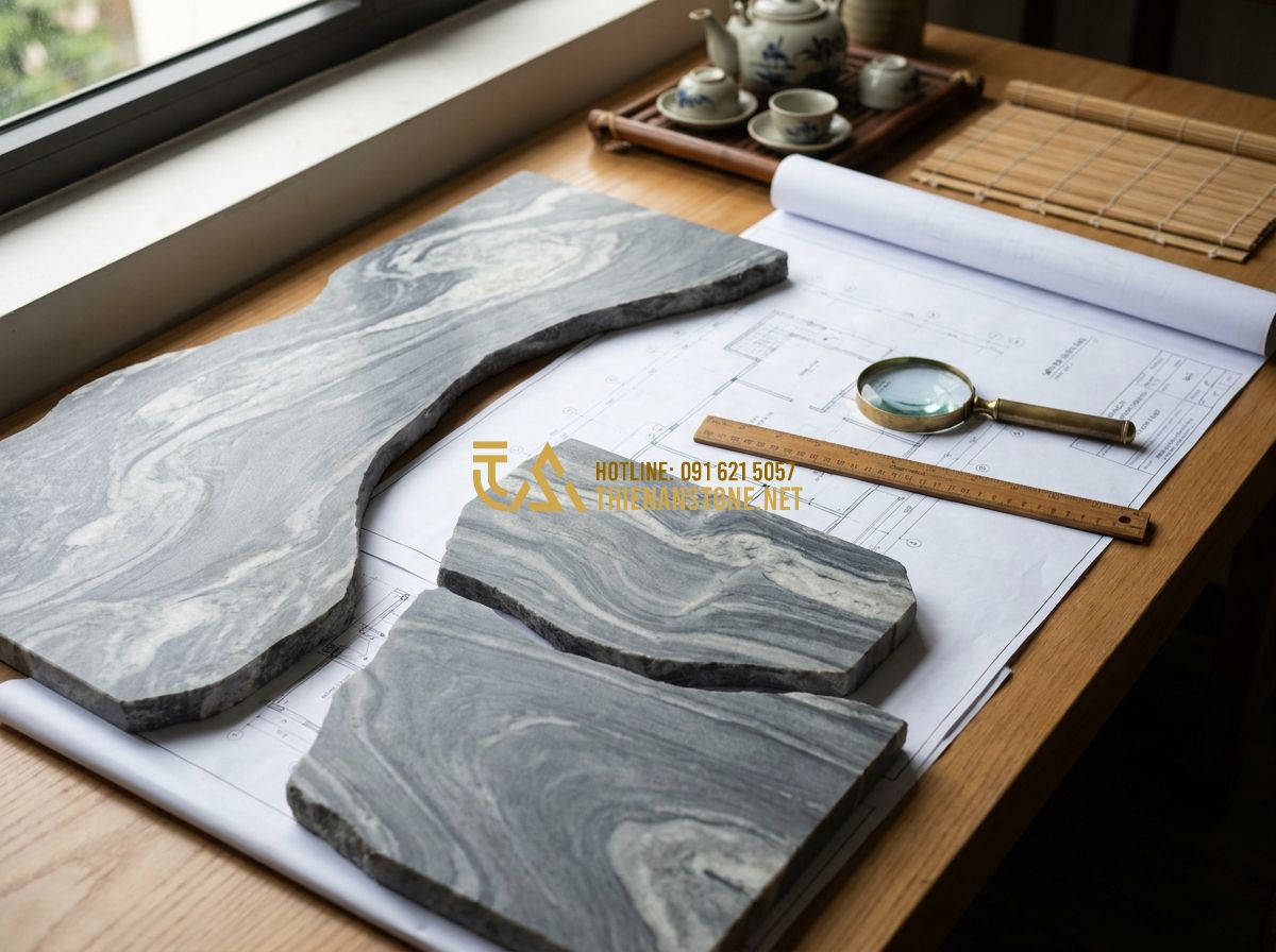 Top 120 Mẫu Đá Ốp Tường Đẹp Nhất 2026 Cho Mặt Tiền, Phòng Khách & Sân Vườn - Tạo ảnh tiếng Anh: An architect's desk with various natural stone samples, archi