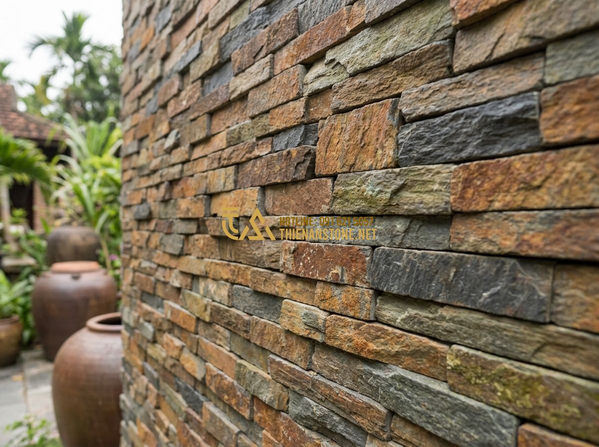 Top 120 Mẫu Đá Ốp Tường Đẹp Nhất 2026 Cho Mặt Tiền, Phòng Khách & Sân Vườn - Tạo ảnh tiếng Anh: A detailed shot of a multi-colored stacked stone wall using s