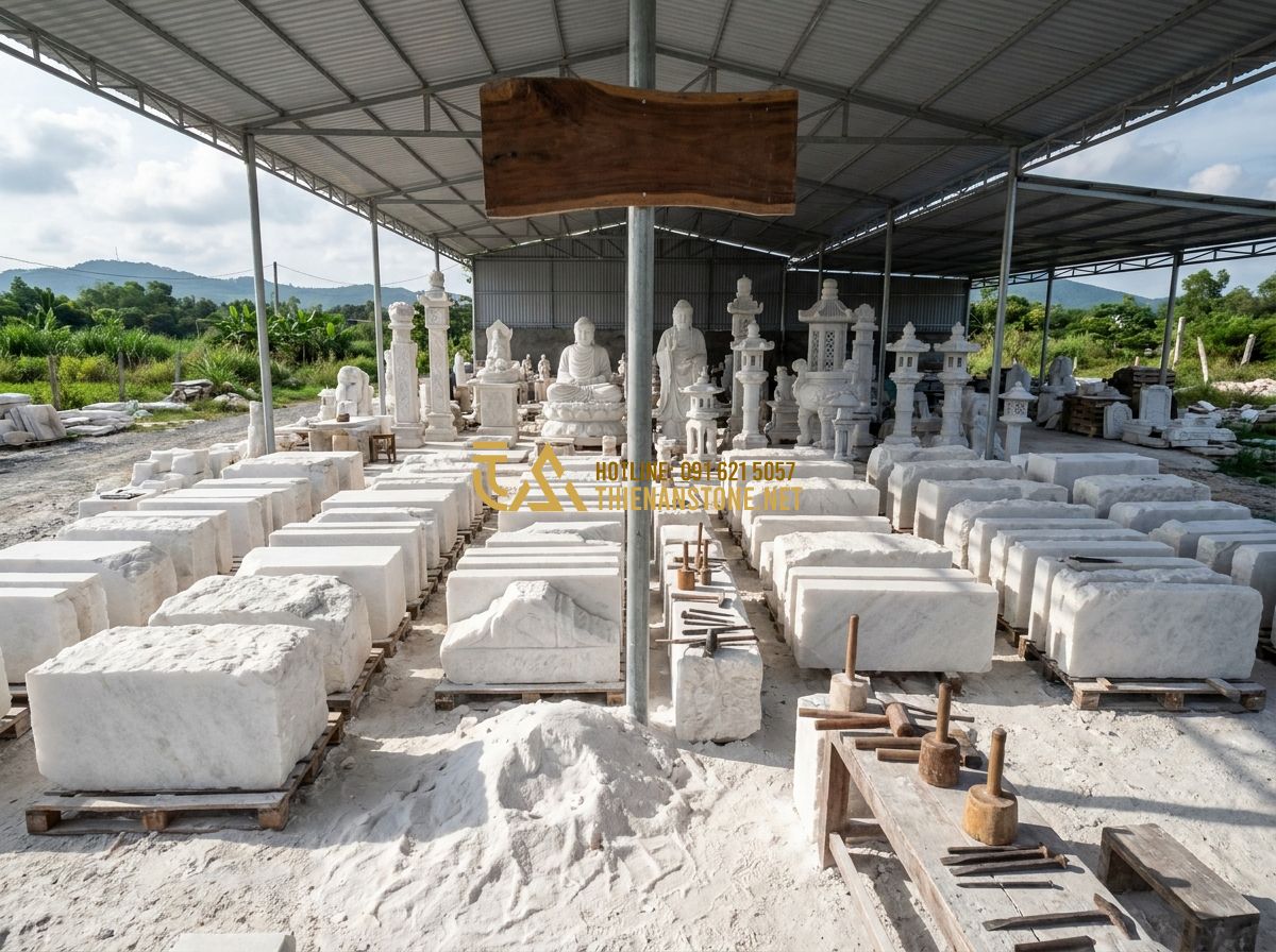 Top 120 Mẫu Lan Can Đá Đẹp Nhất 2026 Cho Nhà Phố, Biệt Thự & Lăng Mộ - Hình 7 Top 120 Mẫu Lan Can Đá Đẹp Nhất 2026 Cho Nhà Phố, Biệt Thự & Lăng Mộ - Tạo ảnh tiếng Anh: Wide shot of a professional stone masonry factory named Thiên