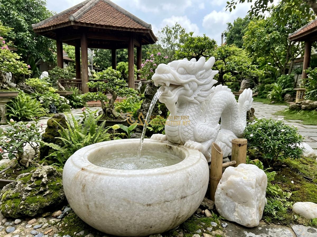 Top 15 Mẫu Ang Nước Bằng Đá Đẹp Nhất 2026 Cho Phong Thủy & Tiểu Cảnh Sân Vườn - Hình 11 Top 15 Mẫu Ang Nước Bằng Đá Đẹp Nhất 2026 Cho Phong Thủy & Tiểu Cảnh Sân Vườn - Classic stone water basin with detailed dragon carving in granite, positioned in