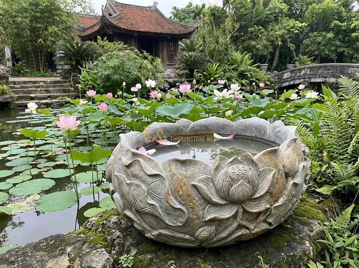 Top 15 Mẫu Ang Nước Bằng Đá Đẹp Nhất 2026 Cho Phong Thủy & Tiểu Cảnh Sân Vườn - Hình 13 Top 15 Mẫu Ang Nước Bằng Đá Đẹp Nhất 2026 Cho Phong Thủy & Tiểu Cảnh Sân Vườn - Elegant lotus flower carved stone water basin in dark basalt, surrounded by actu