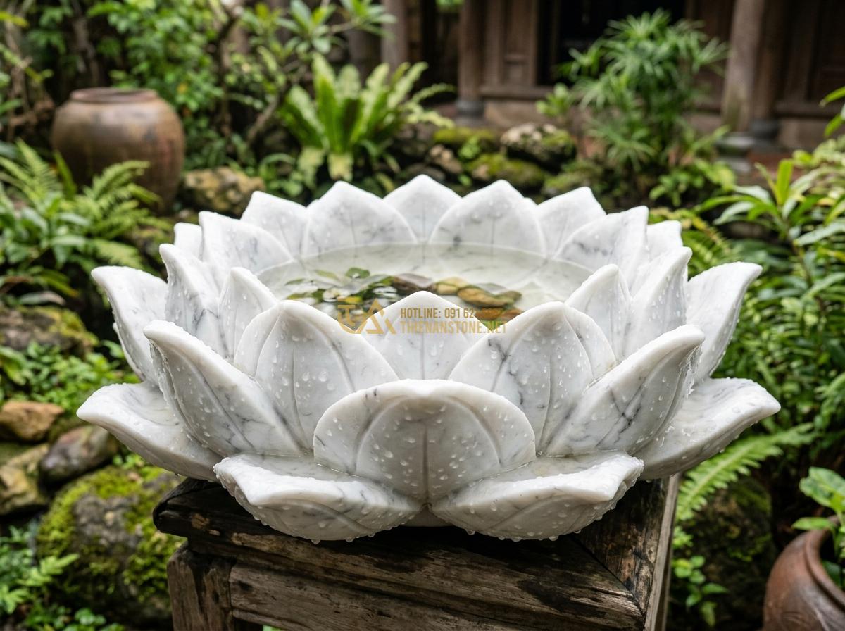 Top 15 Mẫu Ang Nước Bằng Đá Đẹp Nhất 2026 Cho Phong Thủy & Tiểu Cảnh Sân Vườn - Hình 14 Top 15 Mẫu Ang Nước Bằng Đá Đẹp Nhất 2026 Cho Phong Thủy & Tiểu Cảnh Sân Vườn - Close view of sen hoa ang nuoc with water droplets on petals carving and soft li