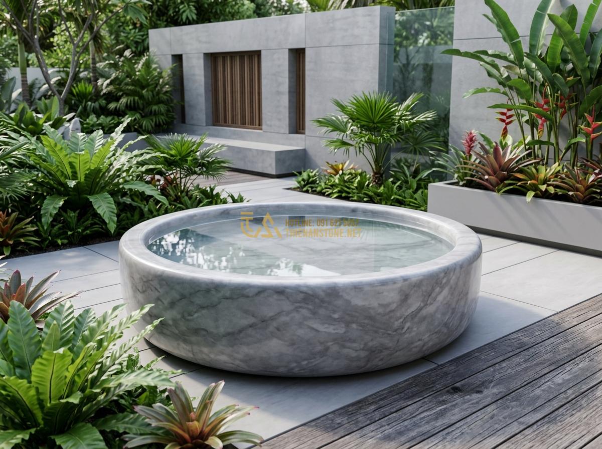 Top 15 Mẫu Ang Nước Bằng Đá Đẹp Nhất 2026 Cho Phong Thủy & Tiểu Cảnh Sân Vườn - Hình 17 Top 15 Mẫu Ang Nước Bằng Đá Đẹp Nhất 2026 Cho Phong Thủy & Tiểu Cảnh Sân Vườn - Round marble stone water basin with smooth curved edges placed in a high-end mod