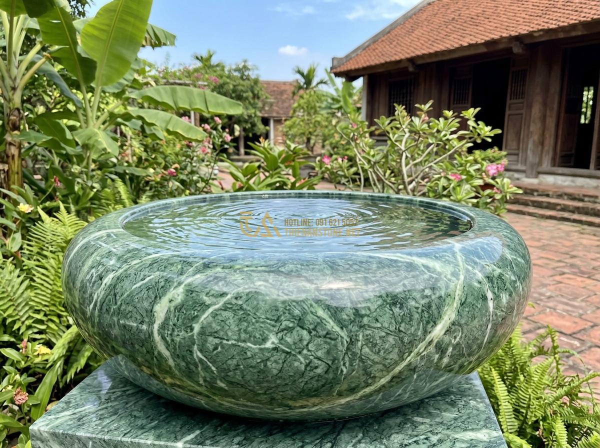Top 15 Mẫu Ang Nước Bằng Đá Đẹp Nhất 2026 Cho Phong Thủy & Tiểu Cảnh Sân Vườn - Hình 18 Top 15 Mẫu Ang Nước Bằng Đá Đẹp Nhất 2026 Cho Phong Thủy & Tiểu Cảnh Sân Vườn - Ang nuoc tron stone feature with water gently rippling inside under blue sky