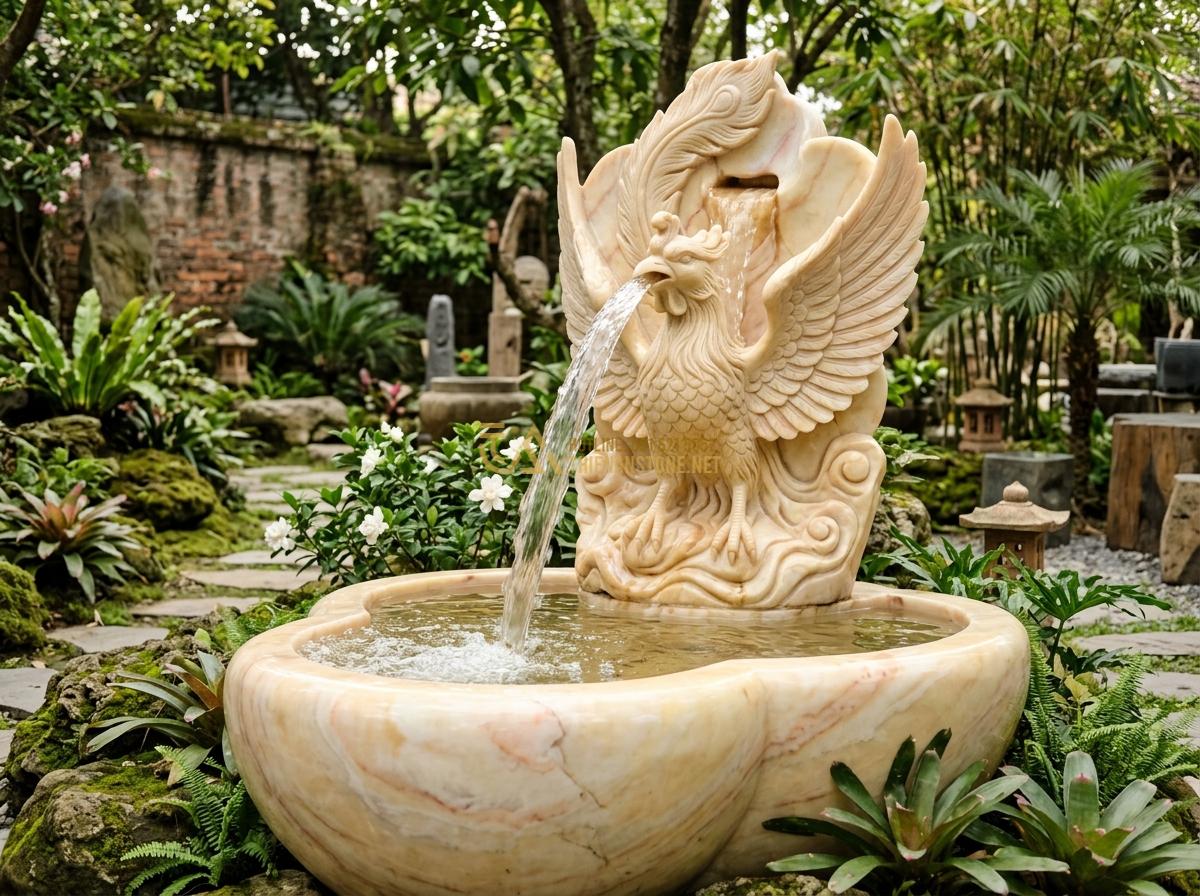 Top 15 Mẫu Ang Nước Bằng Đá Đẹp Nhất 2026 Cho Phong Thủy & Tiểu Cảnh Sân Vườn - Hình 20 Top 15 Mẫu Ang Nước Bằng Đá Đẹp Nhất 2026 Cho Phong Thủy & Tiểu Cảnh Sân Vườn - Phoenix carved ang nuoc with dramatic water flow effect in artistic garden insta