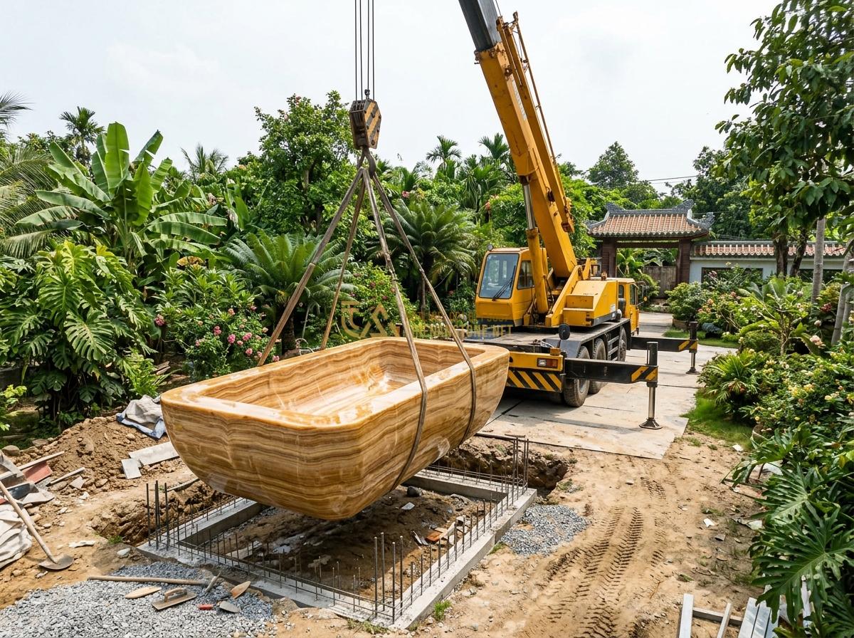 Top 15 Mẫu Ang Nước Bằng Đá Đẹp Nhất 2026 Cho Phong Thủy & Tiểu Cảnh Sân Vườn - Hình 23 Top 15 Mẫu Ang Nước Bằng Đá Đẹp Nhất 2026 Cho Phong Thủy & Tiểu Cảnh Sân Vườn - Professional team installing large stone water basin in garden with crane and fo