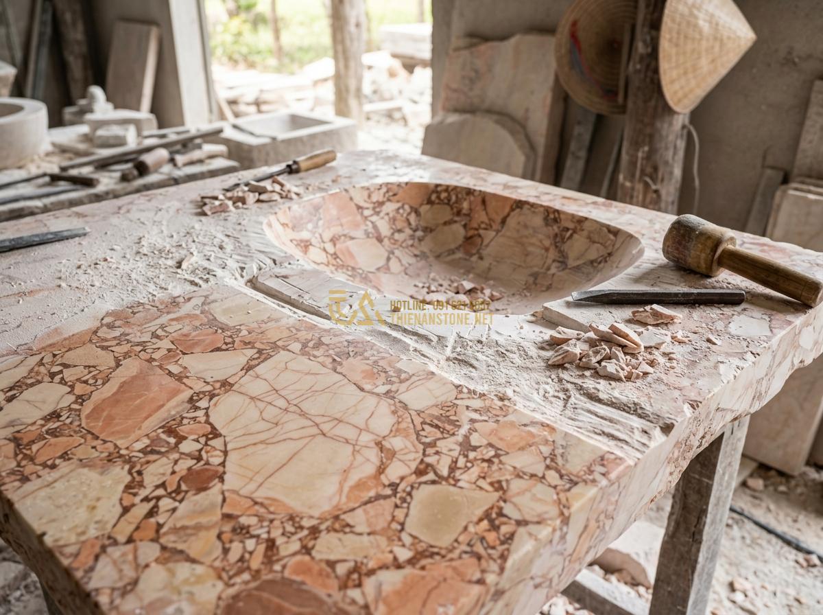 Top 15 Mẫu Ang Nước Bằng Đá Đẹp Nhất 2026 Cho Phong Thủy & Tiểu Cảnh Sân Vườn - Hình 7 Top 15 Mẫu Ang Nước Bằng Đá Đẹp Nhất 2026 Cho Phong Thủy & Tiểu Cảnh Sân Vườn - High-quality natural granite stone slab being carved into a water basin with vis