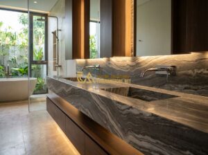 Top 15 Mẫu Bàn Lavabo Đá Tự Nhiên Đẹp Nhất Dành Cho Nhà Phố Và Biệt Thự - Tạo ảnh tiếng Anh: A luxurious bathroom in a modern villa featuring a premium na