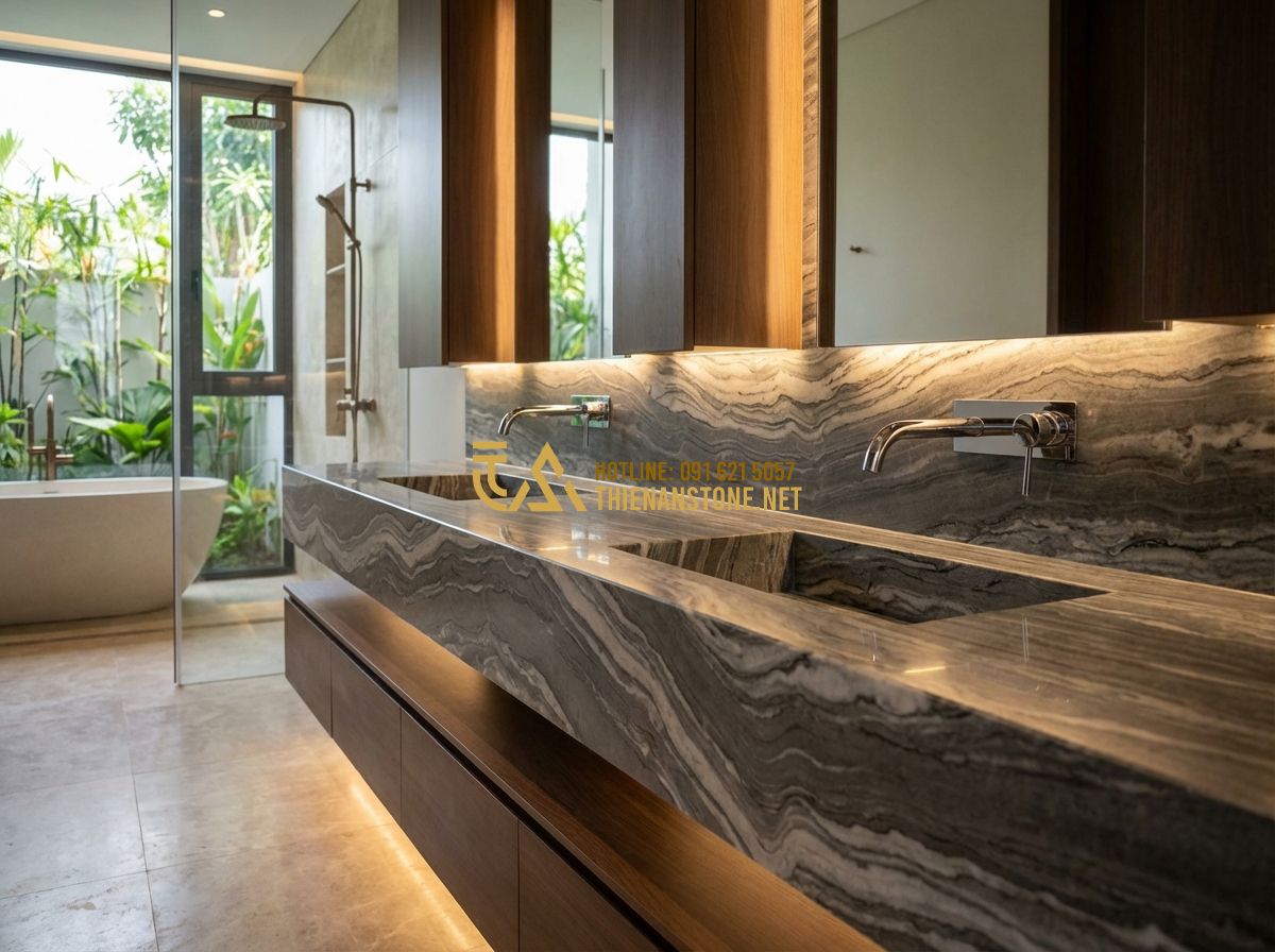 Top 15 Mẫu Bàn Lavabo Đá Tự Nhiên Đẹp Nhất Dành Cho Nhà Phố Và Biệt Thự - Tạo ảnh tiếng Anh: A luxurious bathroom in a modern villa featuring a premium na