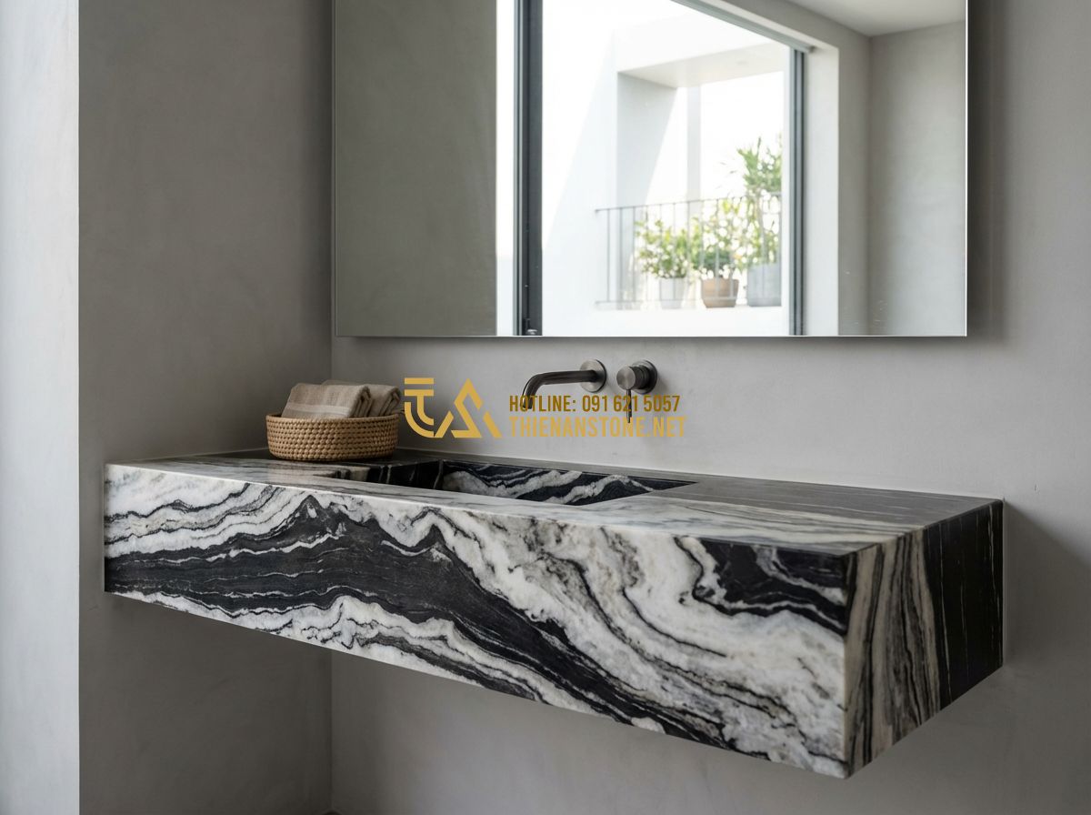 Top 15 Mẫu Bàn Lavabo Đá Tự Nhiên Đẹp Nhất Dành Cho Nhà Phố Và Biệt Thự - Tạo ảnh tiếng Anh: A minimalist wall-mounted natural stone lavabo shelf in a con