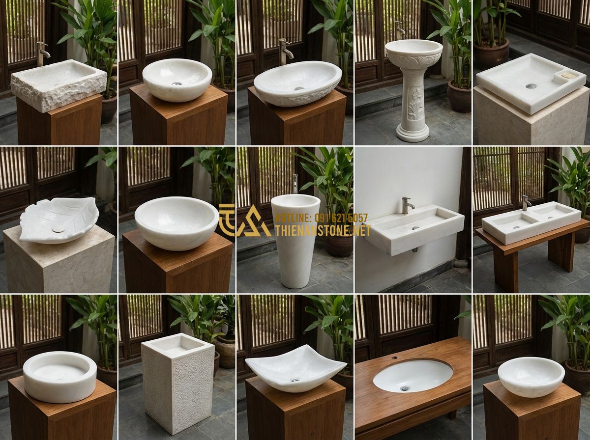 Top 15 Mẫu Bàn Lavabo Đá Tự Nhiên Đẹp Nhất Dành Cho Nhà Phố Và Biệt Thự - Tạo ảnh tiếng Anh: A collection of 15 different natural stone lavabo designs dis
