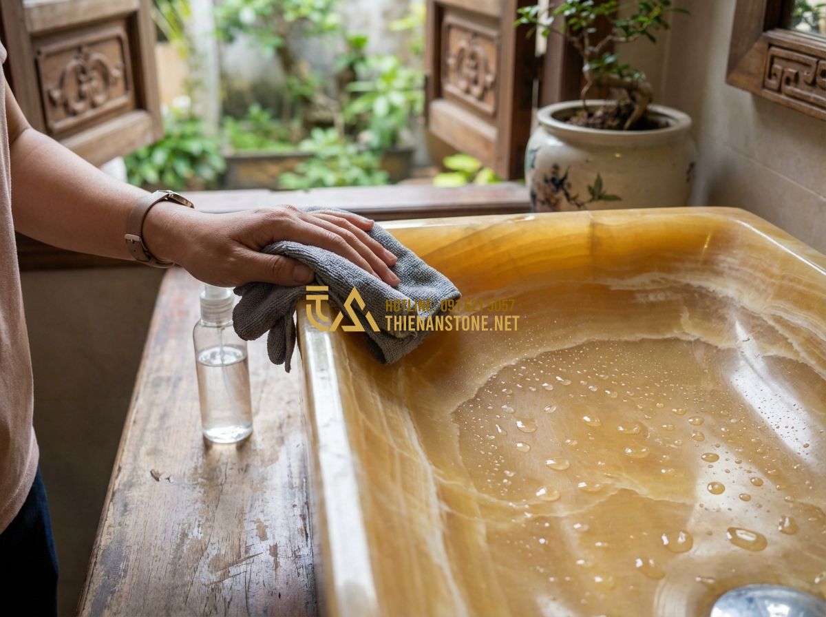 Top 15 Mẫu Bàn Lavabo Đá Tự Nhiên Đẹp Nhất Dành Cho Nhà Phố Và Biệt Thự - Tạo ảnh tiếng Anh: A close-up shot of a person gently cleaning a polished granit