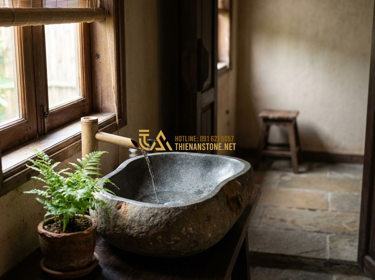 Top 15 Mẫu Bàn Lavabo Đá Tự Nhiên Đẹp Nhất Dành Cho Nhà Phố Và Biệt Thự - Tạo ảnh tiếng Anh: A serene bathroom environment showing the harmony of natural