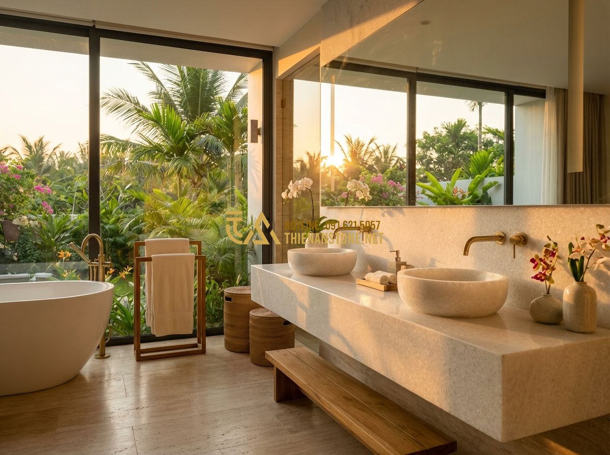 Top 15 Mẫu Bàn Lavabo Đá Tự Nhiên Đẹp Nhất Dành Cho Nhà Phố Và Biệt Thự - Tạo ảnh tiếng Anh: A breathtaking wide shot of a high-end villa bathroom at suns