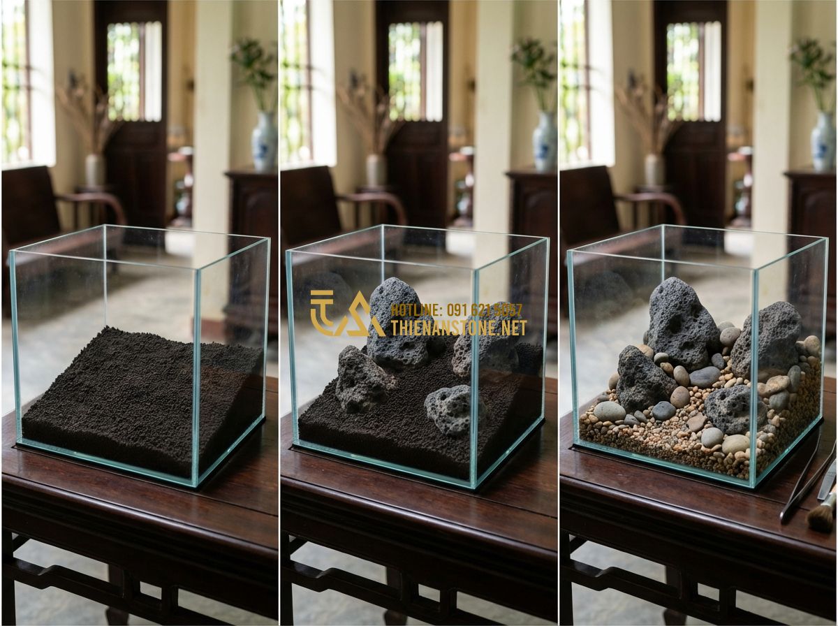Top 15 Mẫu Bể Đá Cảnh Đẹp Nhất 2024 Dành Cho Cá Cảnh Và Thủy Sinh - Hình 4 Top 15 Mẫu Bể Đá Cảnh Đẹp Nhất 2024 Dành Cho Cá Cảnh Và Thủy Sinh - Tạo ảnh tiếng Anh: Step-by-step tutorial visual for aquascaping, showing the pla