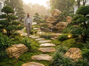 Top 15 Mẫu Đá Bước Dặm Sân Vườn Đẹp Nhất 2024 Giúp Không Gian Thêm Sang Trọng - Tạo ảnh tiếng Anh: A serene and luxurious villa garden at sunrise, featuring a w