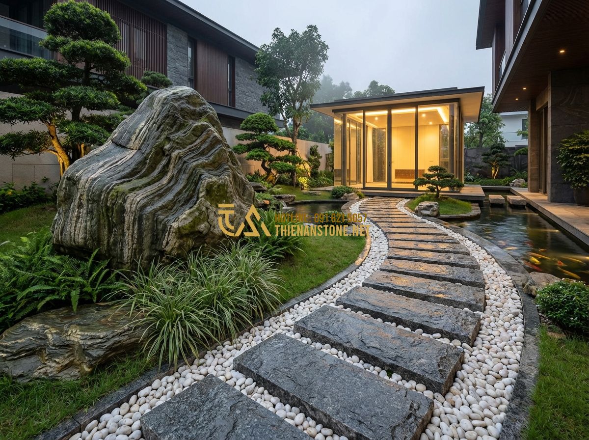 Top 15 Mẫu Đá Bước Dặm Sân Vườn Đẹp Nhất 2024 Giúp Không Gian Thêm Sang Trọng - Hình 4 Top 15 Mẫu Đá Bước Dặm Sân Vườn Đẹp Nhất 2024 Giúp Không Gian Thêm Sang Trọng - Tạo ảnh tiếng Anh: A high-end garden path design combining rectangular granite s