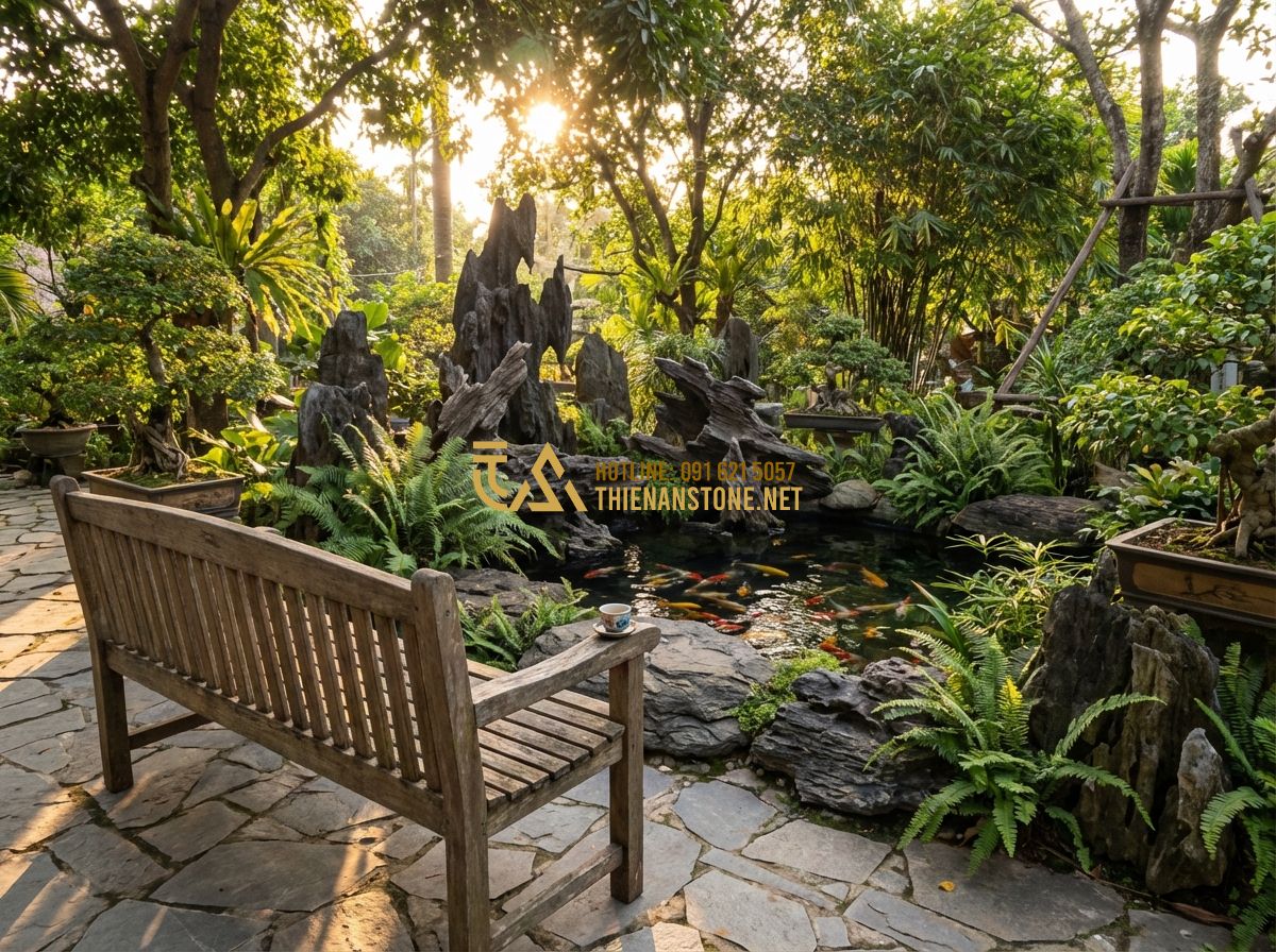 Top 15 Mẫu Đá Lũa Đen Đẹp Dùng Trang Trí Hồ Cá, Sân Vườn Hot Nhất 2024 - Tạo ảnh tiếng Anh: A middle-aged man (Mr. Nam) sitting on a wooden bench in his 