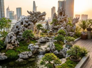 Top 30 Mẫu Hòn Non Bộ Sân Thượng Và Ban Công Chung Cư Đẹp - Tạo ảnh tiếng Anh: A high-end rooftop garden featuring a majestic miniature moun