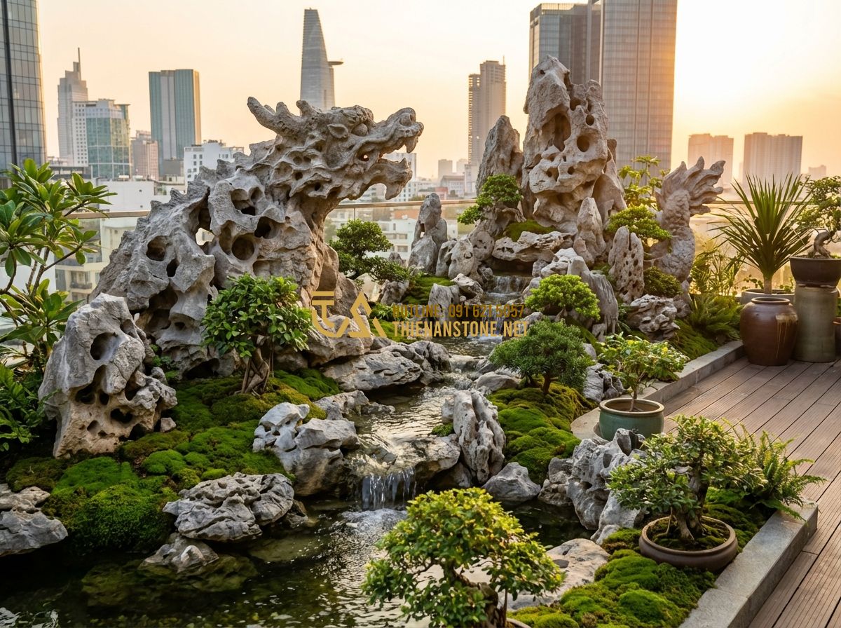 Top 30 Mẫu Hòn Non Bộ Sân Thượng Và Ban Công Chung Cư Đẹp - Tạo ảnh tiếng Anh: A high-end rooftop garden featuring a majestic miniature moun