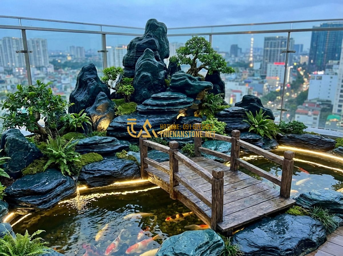 Top 30 Mẫu Hòn Non Bộ Sân Thượng Và Ban Công Chung Cư Đẹp - Tạo ảnh tiếng Anh: A sophisticated corner miniature mountain landscape (Hon Non