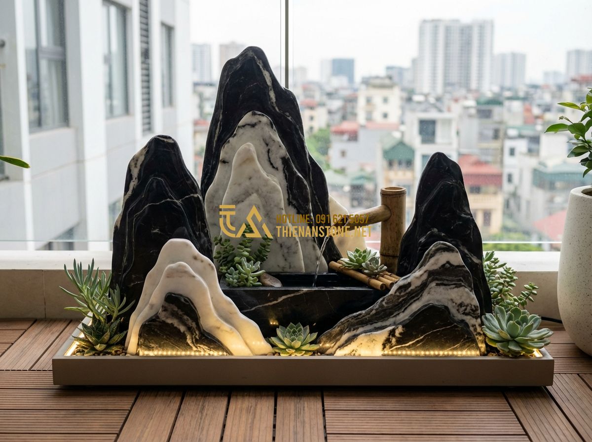 Top 30 Mẫu Hòn Non Bộ Sân Thượng Và Ban Công Chung Cư Đẹp - Tạo ảnh tiếng Anh: A modern apartment balcony featuring a compact, stylish minia