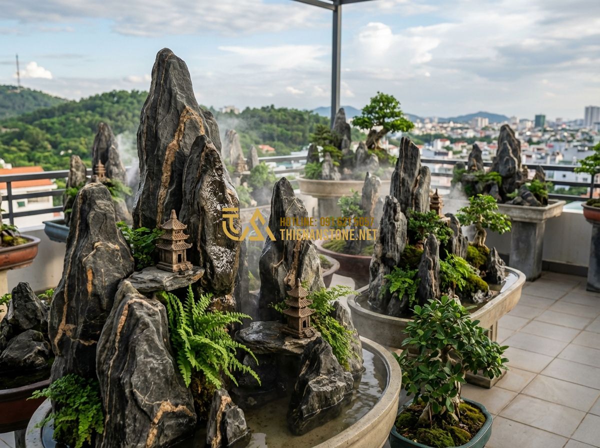 Top 30 Mẫu Hòn Non Bộ Sân Thượng Và Ban Công Chung Cư Đẹp - Tạo ảnh tiếng Anh: A collection of various miniature mountain landscape designs,