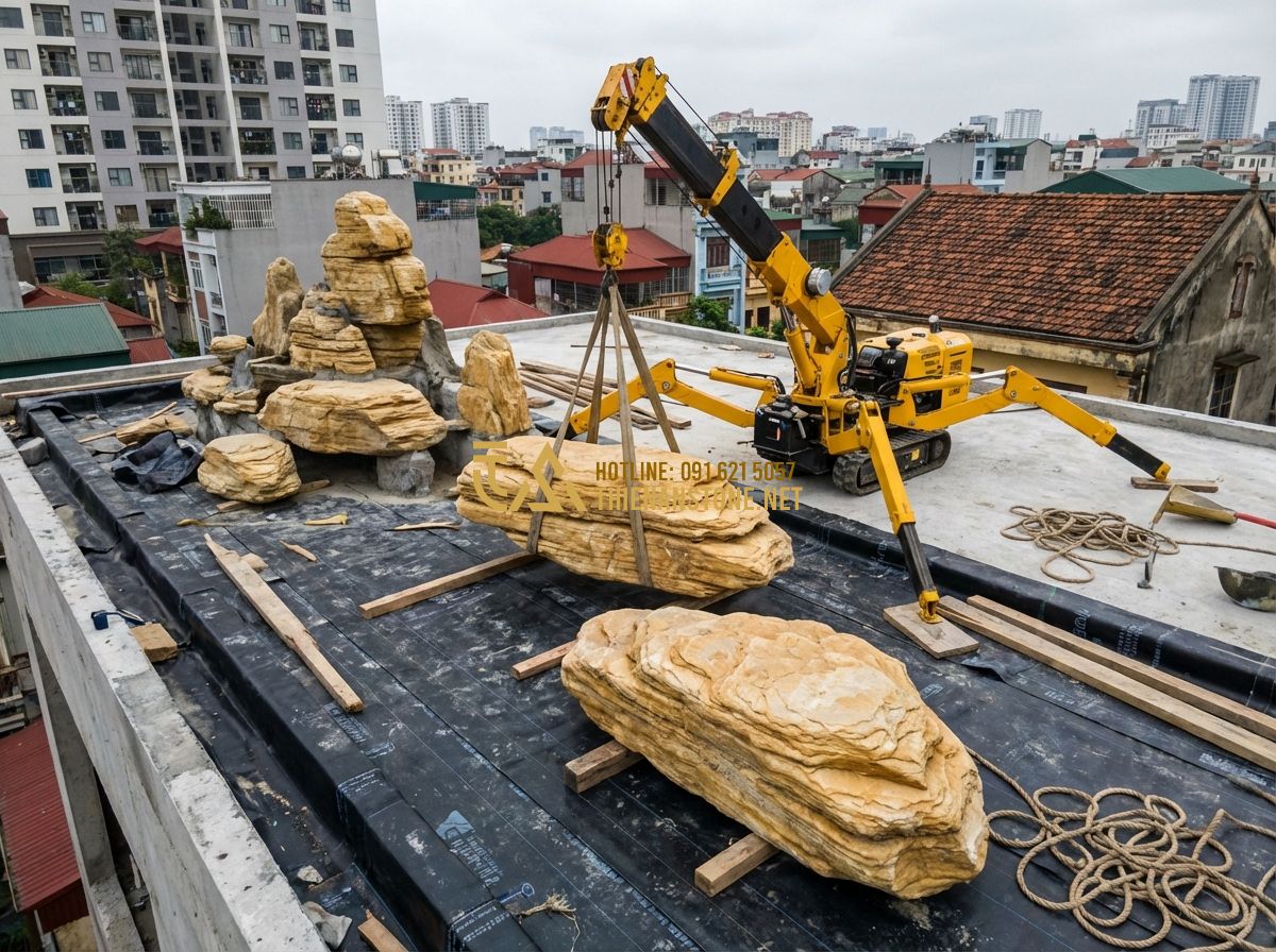 Top 30 Mẫu Hòn Non Bộ Sân Thượng Và Ban Công Chung Cư Đẹp - Tạo ảnh tiếng Anh: A professional construction scene of a rooftop miniature moun