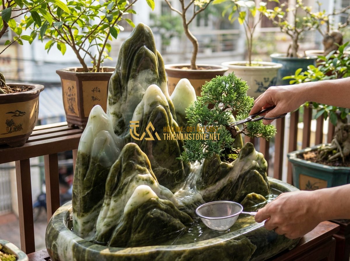 Top 30 Mẫu Hòn Non Bộ Sân Thượng Và Ban Công Chung Cư Đẹp - Tạo ảnh tiếng Anh: A homeowner gently pruning a small bonsai tree on a balcony m